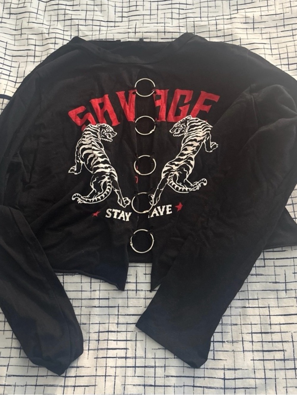 Fashion Nova Black Long Sleeve Savage Graphic Top with Tiger Print
